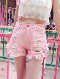 Ripped Denim Kawaii Shorts -Kawaii Fashion Shop Summer Short Jeans Women Korean Style Cute Sexy Ripped Denim Shorts Harajuku Kawaii Casual High Waist 2
