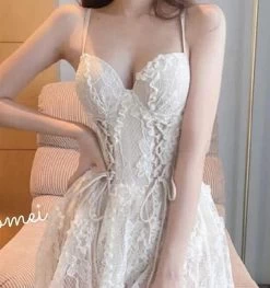 Elegant Fairy Lace One-piece Swimsuit 12 Elegant Fairy Lace One-piece Swimsuit -Kawaii Fashion Shop Summer Sleeveless Sexy Party Embroidery Spaghetti Strap Dress Beach Boho Backless 2022 Sundress Women Vintage Lace 4