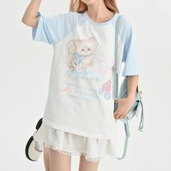 Summer Soft Girl Style Cartoon Cat Print T-shirt -Kawaii Fashion Shop Summer Soft Girl Style Cartoon Cat Print T shirt 10