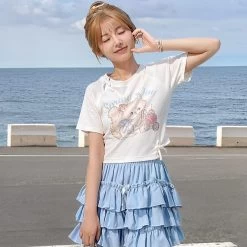 Summer Soft Girl Style Cartoon Cat Print T-shirt -Kawaii Fashion Shop Summer Soft Girl Style Cartoon Cat Print T shirt 3