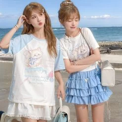 Summer Soft Girl Style Cartoon Cat Print T-shirt -Kawaii Fashion Shop Summer Soft Girl Style Cartoon Cat Print T shirt 8