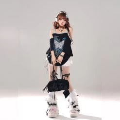 Summer Sweet Cool Girl Style Butterfly Print Off-shoulder T-shirt -Kawaii Fashion Shop Summer Sweet Cool Girl Style Butterfly Print Off shoulder T shirt 6