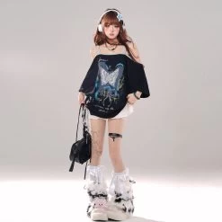Summer Sweet Cool Girl Style Butterfly Print Off-shoulder T-shirt -Kawaii Fashion Shop Summer Sweet Cool Girl Style Butterfly Print Off shoulder T shirt 7
