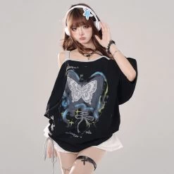 Summer Sweet Cool Girl Style Butterfly Print Off-shoulder T-shirt -Kawaii Fashion Shop Summer Sweet Cool Girl Style Butterfly Print Off shoulder T shirt 9