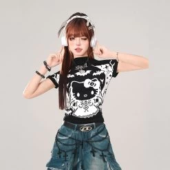 Summer Sweet Cool Style Graffiti Hello Kitty Print Slim T-shirt -Kawaii Fashion Shop Summer Sweet Cool Style Graffiti Hello Kitty Print Slim T shirt 4