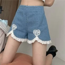 Heart Lace Wide-Leg Denim Shorts