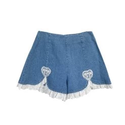 Heart Lace Wide-Leg Denim Shorts -Kawaii Fashion Shop Summer Sweet Denim Shorts Women Cute Lace Ruffles Heart Shape Embroidery Jeans Preppy Style Girls Korean 4