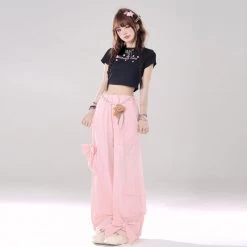 Summer Sweet Girl Pink Bow Wide-leg Pants -Kawaii Fashion Shop Summer Sweet Girl Pink Bow Wide leg Pants 2