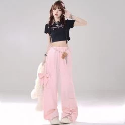 Summer Sweet Girl Pink Bow Wide-leg Pants -Kawaii Fashion Shop Summer Sweet Girl Pink Bow Wide leg Pants 7