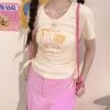 Summer Sweet Girl Style Apricot Cartoon Cheese Print T-shirt -Kawaii Fashion Shop Summer Sweet Girl Style Apricot Cartoon Cheese Print T shirt 2