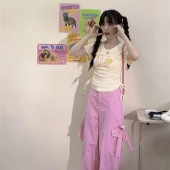 Summer Sweet Girl Style Apricot Cartoon Cheese Print T-shirt -Kawaii Fashion Shop Summer Sweet Girl Style Apricot Cartoon Cheese Print T shirt 5