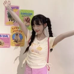 Summer Sweet Girl Style Apricot Cartoon Cheese Print T-shirt -Kawaii Fashion Shop Summer Sweet Girl Style Apricot Cartoon Cheese Print T shirt 6