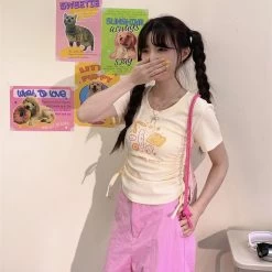 Summer Sweet Girl Style Apricot Cartoon Cheese Print T-shirt -Kawaii Fashion Shop Summer Sweet Girl Style Apricot Cartoon Cheese Print T shirt 9