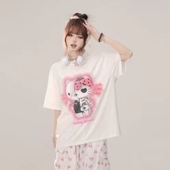 Summer Sweet Girl Style Black Hello Kitty Printed T-shirt -Kawaii Fashion Shop Summer Sweet Girl Style Black Hello Kitty Printed T shirt 3