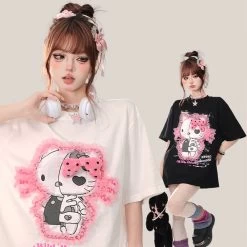 Summer Sweet Girl Style Black Hello Kitty Printed T-shirt -Kawaii Fashion Shop Summer Sweet Girl Style Black Hello Kitty Printed T shirt 6
