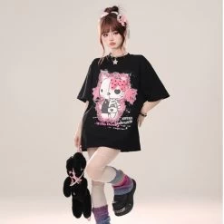 Summer Sweet Girl Style Black Hello Kitty Printed T-shirt -Kawaii Fashion Shop Summer Sweet Girl Style Black Hello Kitty Printed T shirt 7