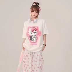 Summer Sweet Girl Style Black Hello Kitty Printed T-shirt -Kawaii Fashion Shop Summer Sweet Girl Style Black Hello Kitty Printed T shirt 8