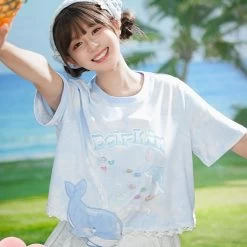 Summer Sweet Girl Style Blue Little Whale T-shirt -Kawaii Fashion Shop Summer Sweet Girl Style Blue Little Whale T shirt 1