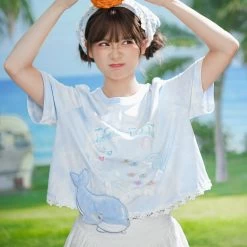 Summer Sweet Girl Style Blue Little Whale T-shirt -Kawaii Fashion Shop Summer Sweet Girl Style Blue Little Whale T shirt 10