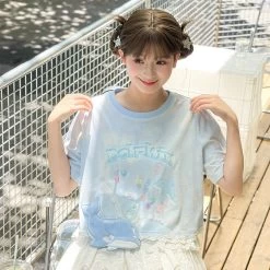 Summer Sweet Girl Style Blue Little Whale T-shirt -Kawaii Fashion Shop Summer Sweet Girl Style Blue Little Whale T shirt 11