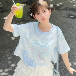 Summer Sweet Girl Style Blue Little Whale T-shirt -Kawaii Fashion Shop Summer Sweet Girl Style Blue Little Whale T shirt 12