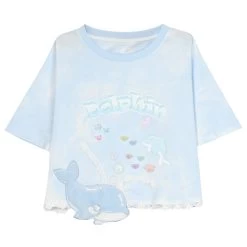 Summer Sweet Girl Style Blue Little Whale T-shirt -Kawaii Fashion Shop Summer Sweet Girl Style Blue Little Whale T shirt 4