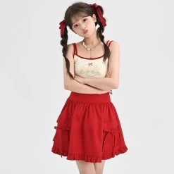 Summer Sweet Girl Style Bow Red Cake Skirt -Kawaii Fashion Shop Summer Sweet Girl Style Bow Red Cake Skirt 7