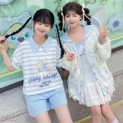 Summer Sweet Girl Style Cartoon Navy Bear Print Vest -Kawaii Fashion Shop Summer Sweet Girl Style Cartoon Navy Bear Print Vest 6