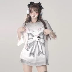 Summer Sweet Girl Style Hello Kitty Print Loose T-shirt -Kawaii Fashion Shop Summer Sweet Girl Style Hello Kitty Print Loose T shirt 4