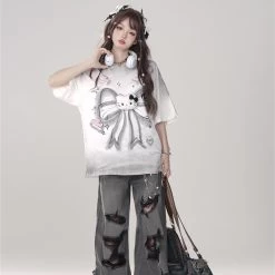 Summer Sweet Girl Style Hello Kitty Print Loose T-shirt -Kawaii Fashion Shop Summer Sweet Girl Style Hello Kitty Print Loose T shirt 8