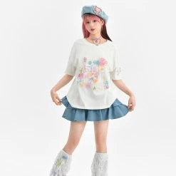 Summer Sweet Girl Style Painted Bear Printed T-shirt -Kawaii Fashion Shop Summer Sweet Girl Style Painted Bear Printed T shirt 2