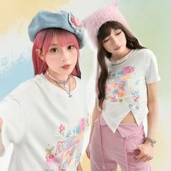 Summer Sweet Girl Style Painted Bear Printed T-shirt -Kawaii Fashion Shop Summer Sweet Girl Style Painted Bear Printed T shirt 5