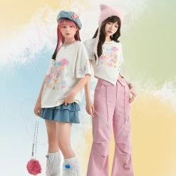 Summer Sweet Girl Style Painted Bear Printed T-shirt -Kawaii Fashion Shop Summer Sweet Girl Style Painted Bear Printed T shirt 8