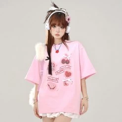 Summer Sweet Girl Style Pink Round Neck T-shirt 19 Summer Sweet Girl Style Pink Round Neck T-shirt -Kawaii Fashion Shop Summer Sweet Girl Style Pink Round Neck T shirt 1