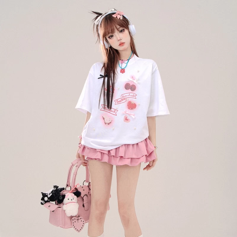 Summer Sweet Girl Style Pink Round Neck T-shirt 5 Summer Sweet Girl Style Pink Round Neck T-shirt - Image 3