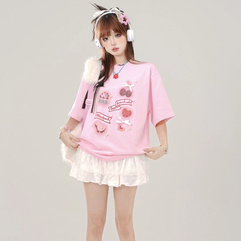 Summer Sweet Girl Style Pink Round Neck T-shirt 4 Summer Sweet Girl Style Pink Round Neck T-shirt - Image 2