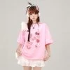Summer Sweet Girl Style Pink Round Neck T-shirt -Kawaii Fashion Shop Summer Sweet Girl Style Pink Round Neck T shirt 2