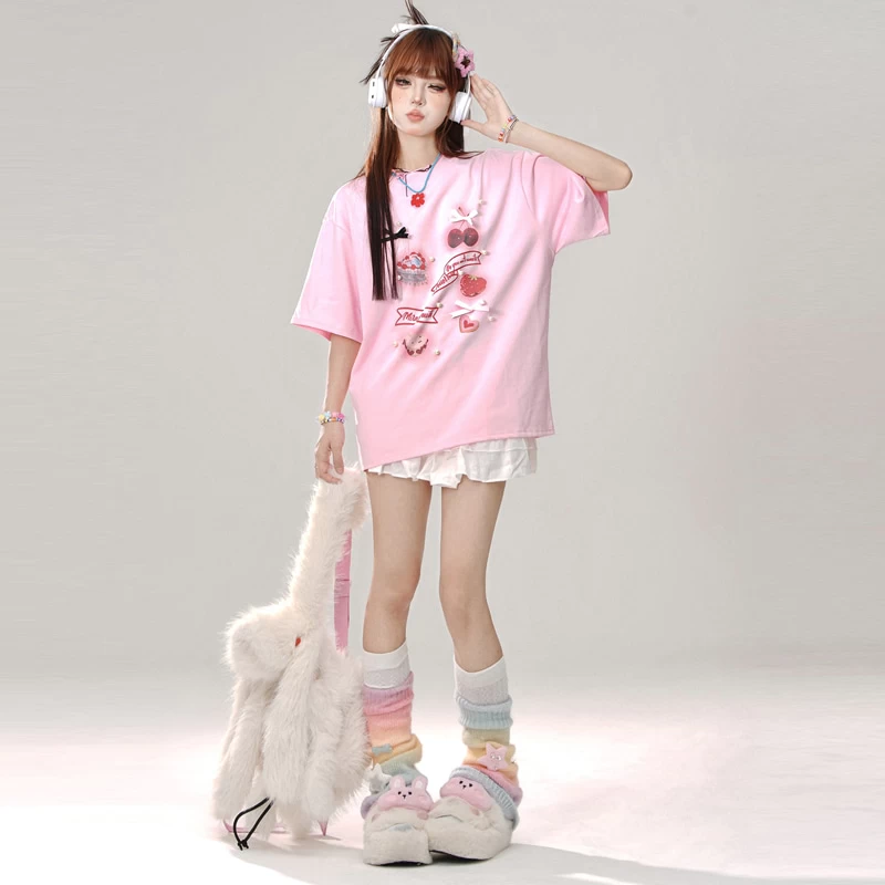 Summer Sweet Girl Style Pink Round Neck T-shirt 10 Summer Sweet Girl Style Pink Round Neck T-shirt - Image 8