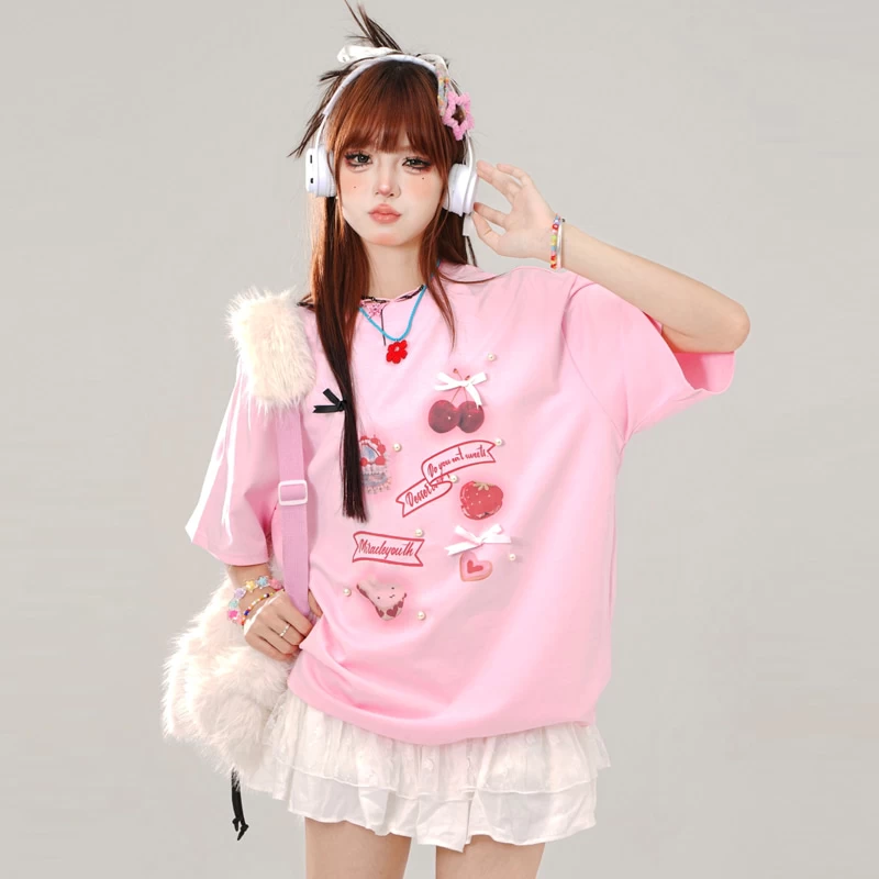 Summer Sweet Girl Style Pink Round Neck T-shirt 9 Summer Sweet Girl Style Pink Round Neck T-shirt - Image 7