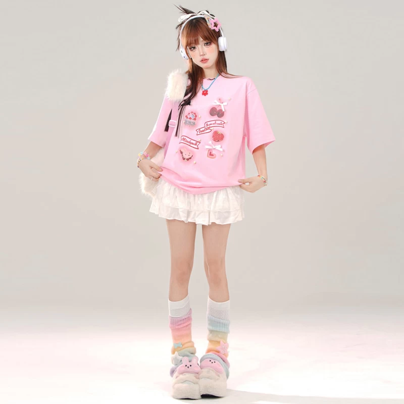 Summer Sweet Girl Style Pink Round Neck T-shirt 8 Summer Sweet Girl Style Pink Round Neck T-shirt - Image 6