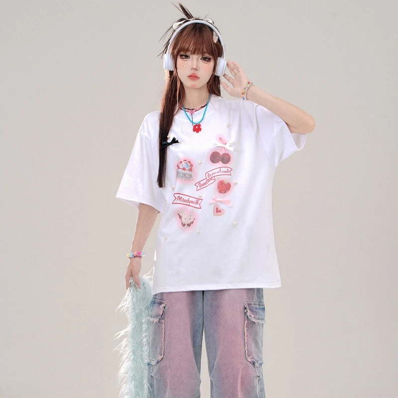 Summer Sweet Girl Style Pink Round Neck T-shirt 7 Summer Sweet Girl Style Pink Round Neck T-shirt - Image 5