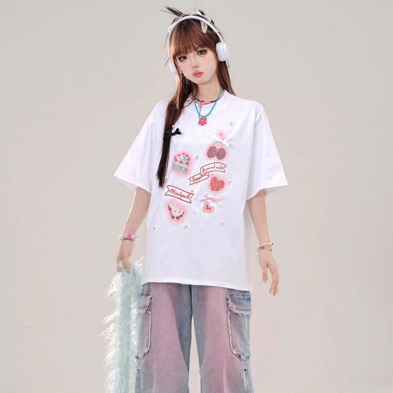 Summer Sweet Girl Style Pink Round Neck T-shirt 6 Summer Sweet Girl Style Pink Round Neck T-shirt - Image 4