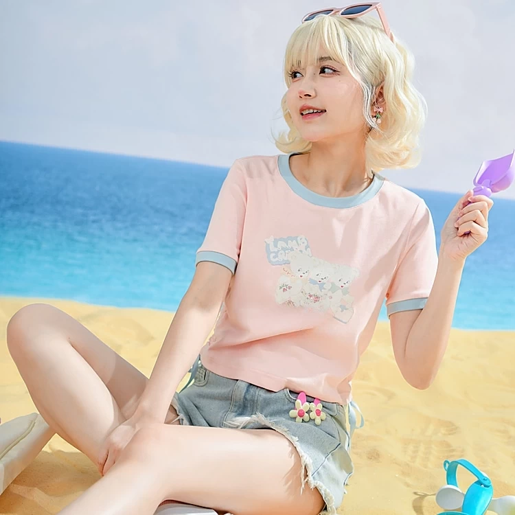 Summer Sweet Girl Style Pink Solid Color Short T-shirt 6 Summer Sweet Girl Style Pink Solid Color Short T-shirt - Image 4