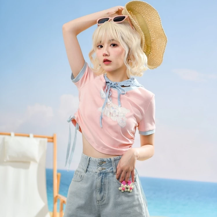 Summer Sweet Girl Style Pink Solid Color Short T-shirt 4 Summer Sweet Girl Style Pink Solid Color Short T-shirt - Image 2