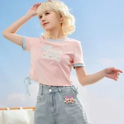 Summer Sweet Girl Style Pink Solid Color Short T-shirt
