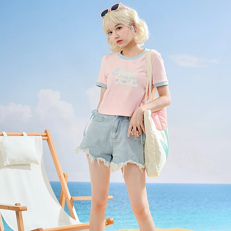 Summer Sweet Girl Style Pink Solid Color Short T-shirt 9 Summer Sweet Girl Style Pink Solid Color Short T-shirt - Image 7