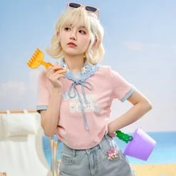 Summer Sweet Girl Style Pink Solid Color Short T-shirt 15 Summer Sweet Girl Style Pink Solid Color Short T-shirt -Kawaii Fashion Shop Summer Sweet Girl Style Pink Solid Color Short T shirt 8