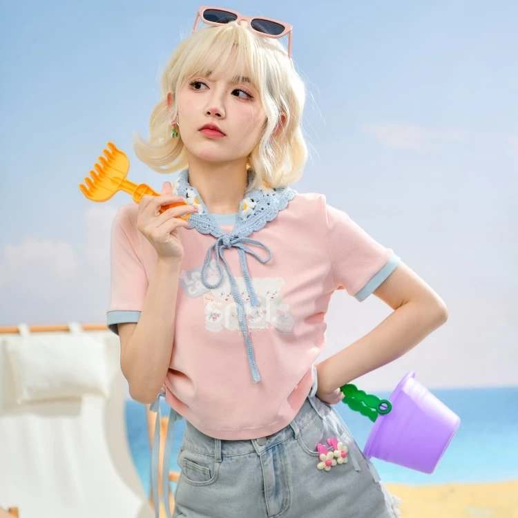 Summer Sweet Girl Style Pink Solid Color Short T-shirt 8 Summer Sweet Girl Style Pink Solid Color Short T-shirt - Image 6