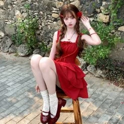 Summer Sweet Girl Style Red Suspender Dress -Kawaii Fashion Shop Summer Sweet Girl Style Red Suspender Dress 11