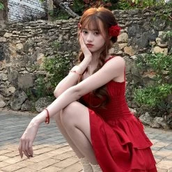 Summer Sweet Girl Style Red Suspender Dress -Kawaii Fashion Shop Summer Sweet Girl Style Red Suspender Dress 4